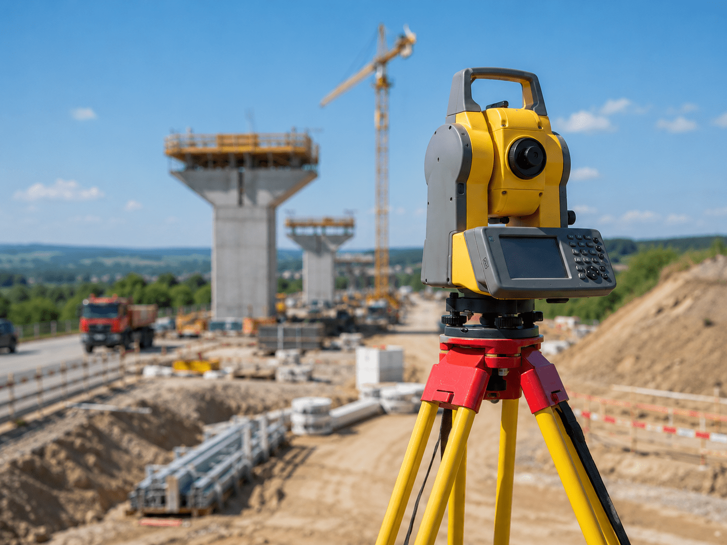 Totalstation vor einer Baustelle mit Brückenpfeilern und Baukränen