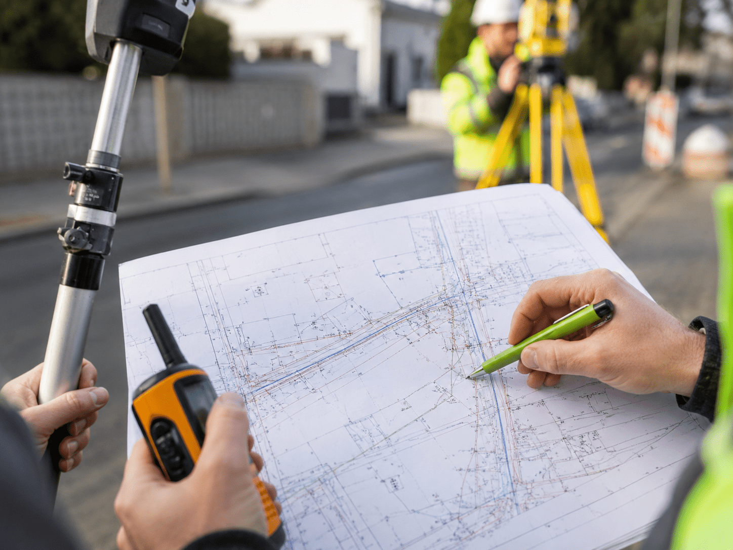 Vermessungsfachkräfte prüfen einen Leitungsplan an einer Baustelle mit Totalstation