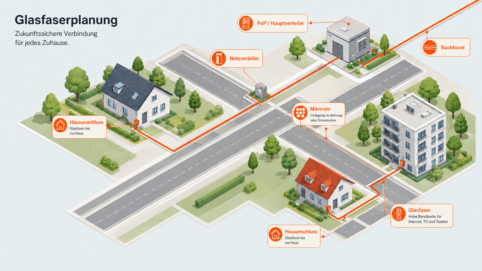 Schematische Darstellung einer Glasfaser-Netzplanung mit Hauptverteiler, Trassen, Netzverteilern und Hausanschlüssen