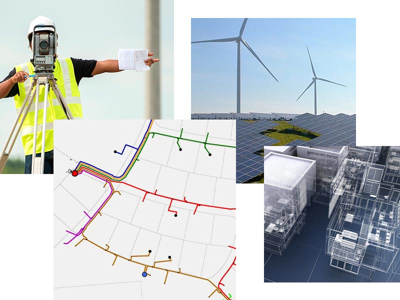 Vermessungstechniker mit Totalstation sowie digitale Planungs- und Geodaten