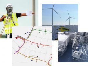 Vermessung, digitaler Leitungsplan, Windenergieanlage und dreidimensionale Gebäudedaten